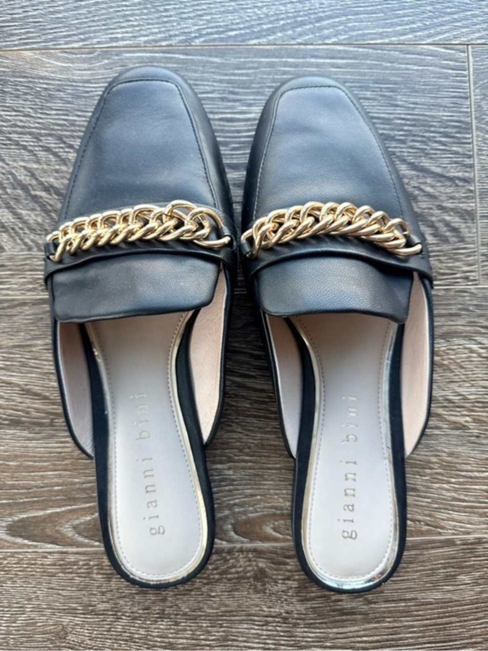 Gianni Bini Black Leather Slip-on Mules with Gold Chain Accent